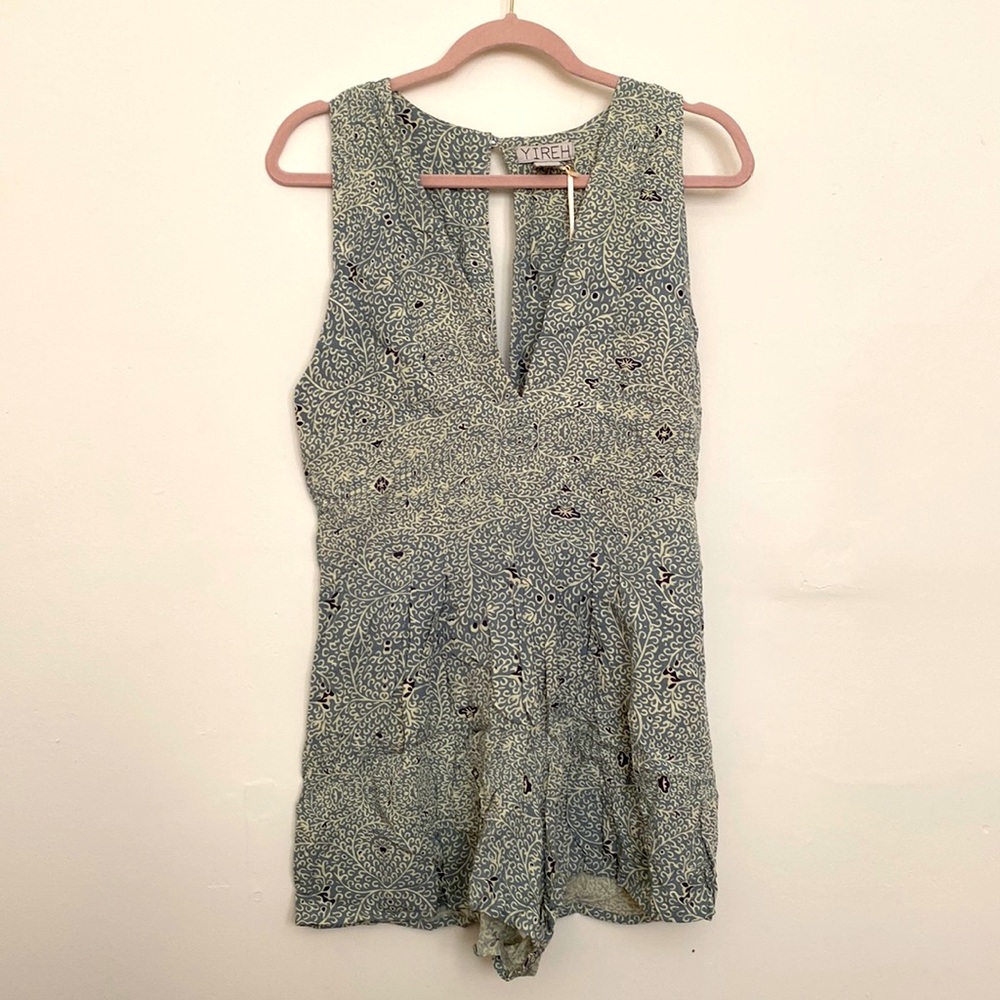 Yireh size L romper in blue &cream pattern. 100% rayon, ethically manufactured